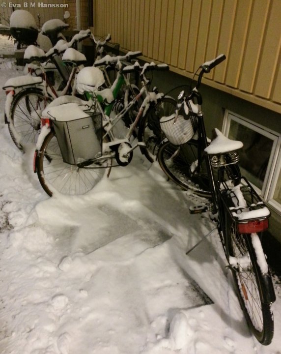 Snöiga cyklar på innergården. Söderstaden kl 17:02 den 16 januari 2013.